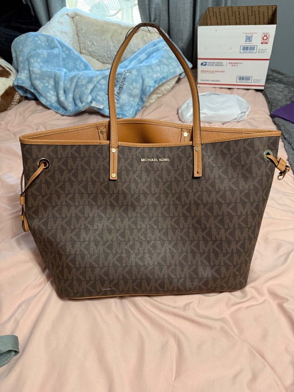 Michael Kors Brown MK Monogram Tote with Tan Trim